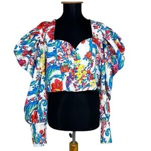 The Moon‎ Bright Floral Sweetheart Crop Blouse Puff Long Sleeve